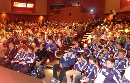 Soccer players and unionized workers during the town hall meeting by the MLS at Queens Theatre. Photo Javier Castaño