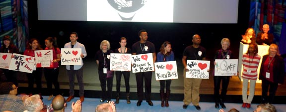 Volunteers of the Queens World Film Festival on the stage of the theatre at the Museum of the Moving Image in Astoria, Queens. 