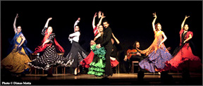 Gabriela Granados (Artistic Director/Founder of American Bolero Dance Company) and Juan Siddi performing Sevillanas, along with members of the Ballet Espanol de Gabriela Granados. Flamenco singers Aurora Reyes and Alfonso Cid and guitarist Raphael Brunn also shown.