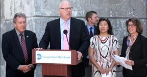U.S. Rep. Joe Crowley is joined (from l. to r.) by NYC Council Member Daniel Dromm, Transportation Alternatives Executive Director Paul White, U.S. Rep. Grace Meng and MTA LIRR President Helena Williams at a press conference to announce the commencement of the Elmhurst LIRR station ridership survey.