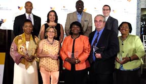 From left to right, Beverly Collier, Executive Director, Jamaica Service Program for Older Adults; Haydee Zambrana, Founder, Latin Women in Action; Gladys Keller, President, National Council of Negro Women (Queens Section); Michael Fahy, Administrator, Saratoga Family Inn, a program of Homes for the Homeless; Marie Charles, Deputy Director, Haitian-Americans United for Progress; Back row (left to right)  David Flemister, Director, Community Marketing, EmblemHealth; Marci McCall, Community Marketing, EmblemHealth; Earl “The Pearl” Monroe; Ari Pollack, Senior Marketing Specialist, Brand Management and Advertising, EmblemHealth.