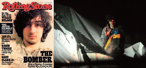 La portada de la revista Rolling Stone que causó indignación y el sospechoso ensangrentado y con el rayo láser rojo en su frente. 