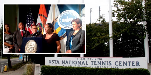 In this photo, Council Member Ferreras stands with Council Speaker Quinn and her colleagues in local government to announce a deal has been reached with the USTA.