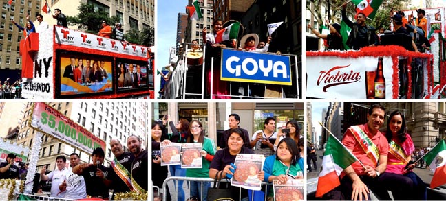 Desde la izquierda, de arriba a bajo, la carroza de Telemundo 47, GOYA Foods, cerveza Victoria, Víctor javier Lozano y Brenda Kessler de Univision 41, la gente con el periódico QueensLatino y la carroza de Mucho Credit.