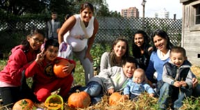 Familias disfrutando en el Jardín Botánico de Queens. 
