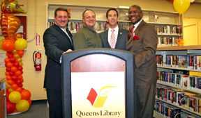  (Ulrich-Galante-Meeks) NYC Council Member Eric Ulrich; Queens Library President and CEO Thomas W. Galante and Rep. Gregory Meeks (Addabbo, TG, Goldfeder and Meeks) NY State Sen. Joseph Addabbo; Queens Library President and CEO Thomas W. Galante; NY State Addembly Member Phillip Goldfeder and Rep. Gregory Meeks