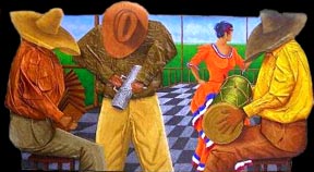 Una pintura que muestra la cultura del perico ripiao en República Dominicana. 