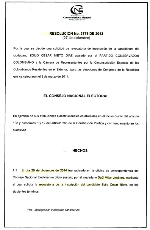 Primera página del fallo a favor de Zoilo Nieto, emitido por el Consejo Nacional Electoral de Colombia.