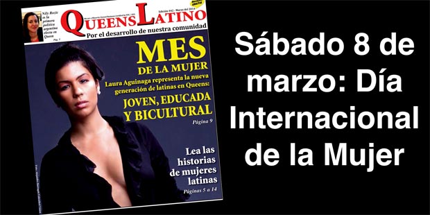 La portada de marzo de QueensLatino con Laura Aguinaga como modelo. 