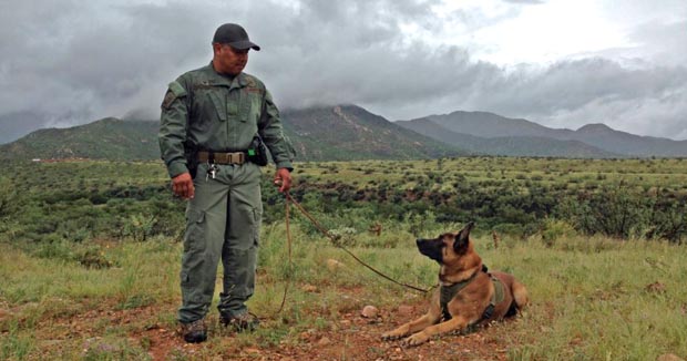 Un agente de inmigtación vigila la frontera con su perro para capturar indocumentados. Foto Voa