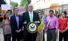 Rep. Crowley is joined by NYS Senator Michael Gianaris, NYS Assembly Member Aravella Simotas, and parents of students at P.S. 85 at a press conference to announce the Peaceful Learning Act, legislation to help soundproof NYC schools against disruptive train noise.