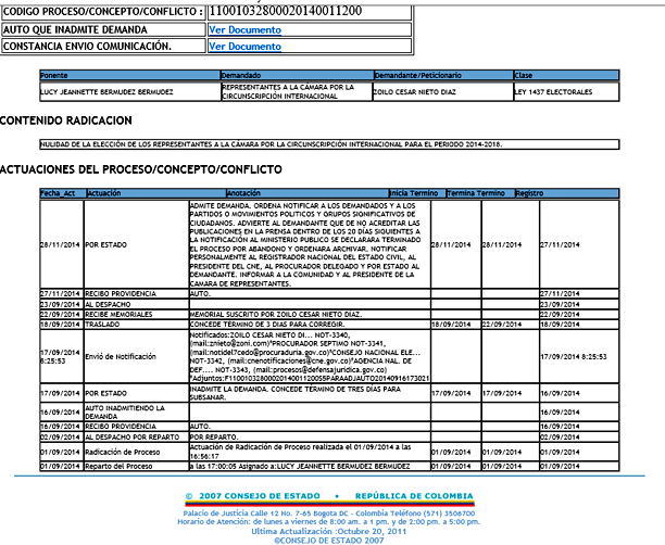 Imagen de la página digital del Consejo de Estado de Colombia en donde se admite la demanda presentada por Zoilo Nieto el 28 de noviembre del 2014.