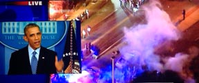 En el canal 5 de televisión (Fox) se pasó esta imagen del presidente hablando y Ferguson ardiendo. 