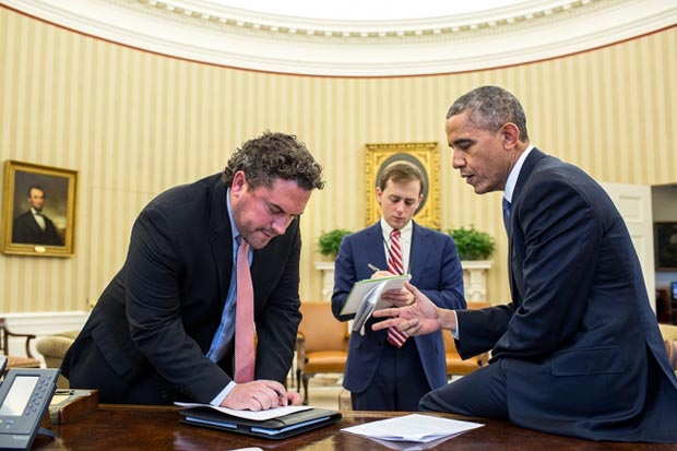 speech with Director of Speechwriting Cody Keenan and Senior Presidential Speechwriter David Litt in the Oval Office