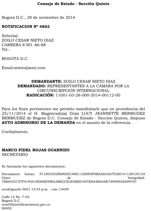 Carta de notificación que fue aceptada la demanda de Zoilo Nieto para anular la elección de los dos Congresistas en representación de los colombianos en el exterior.