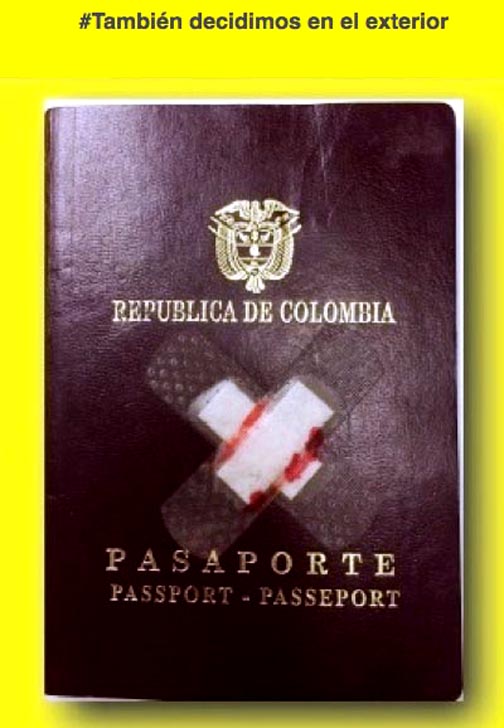 Imagen del pasaporte colombiano herido que están usando para promocionar la protesta frente al Consulado Colombianos en Manhattan este jueves 18 de diciembre.