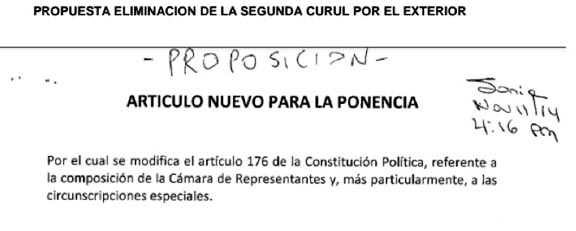 Documento que señala que la propuesta de la eliminación de la segunda curul de los colombianos en el exterior, fue presentada el 11 de noviembre a las 