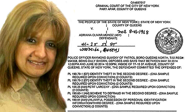 Foto de Adriana Olivar-Muñoz y copia de la acusación por robo y fraude de la Fiscalía de Queens.