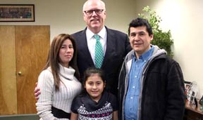 Rep. Crowley meets with Woodsiders Zully Gallo, Javier Gomez and their daughter Catalina at his Queens District Office.