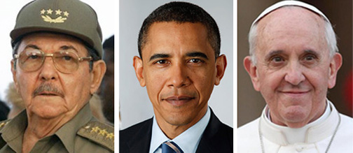 Desde la izquierda: Raúl Castro, Barack Obama y el Papa Francisco, artífices de la nueva relación entre Cuba y los Estados Unidos.