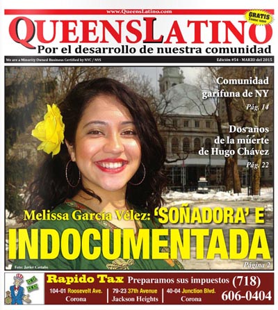 Portada de la edición de marzo de QueensLatino con la imagen de Melissa García Vélez. Foto Javier Castaño