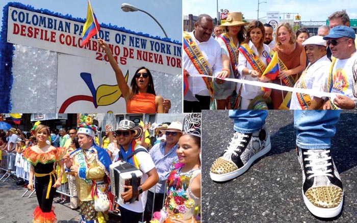 En dirección de las manecillas del reloj, Miss Universo Paulina Vega, el corte de cinta antes del Desfile Colombiano de Nueva York 2015, los tenis del DJ Alex Sensation y una agrupación musical compartiendo con el público.