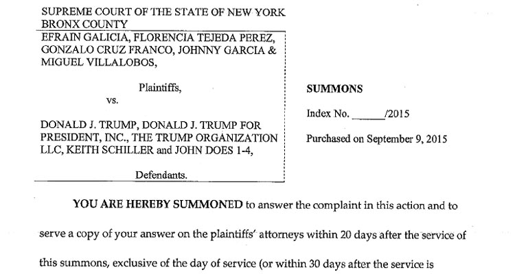 Copia de la primera página de la demanda contra Donald Trump y sus negocios.