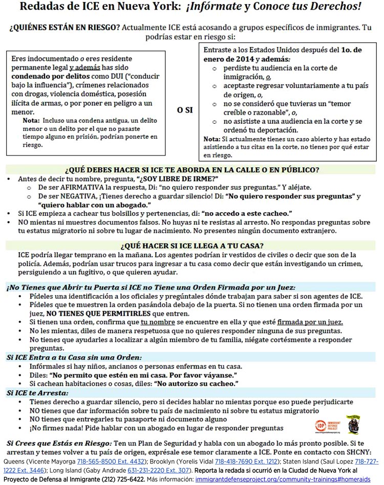Manual producido por Se Hace Camino Nueva York (MRNY) para que los inmigrantes indocumentados se defiendan frente a las autoridades de inmigración. MR