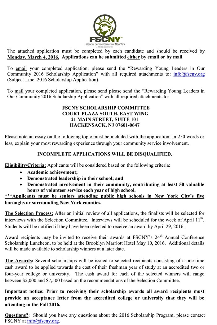 2016 FSCNY Scholarship Application-1