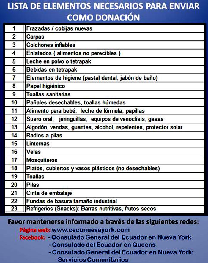 La lista de cosas que entregó el Consulado de Ecuador en Nueva York
