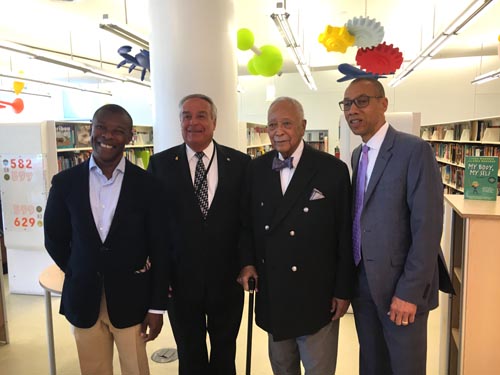 Google’s Head of External Affairs for New York, William Floyd, with Queens Library Trustee the Honorable Augustus C. Agate, Mayor David Dinkins, and Queens Library President and CEO Dennis Walcott.