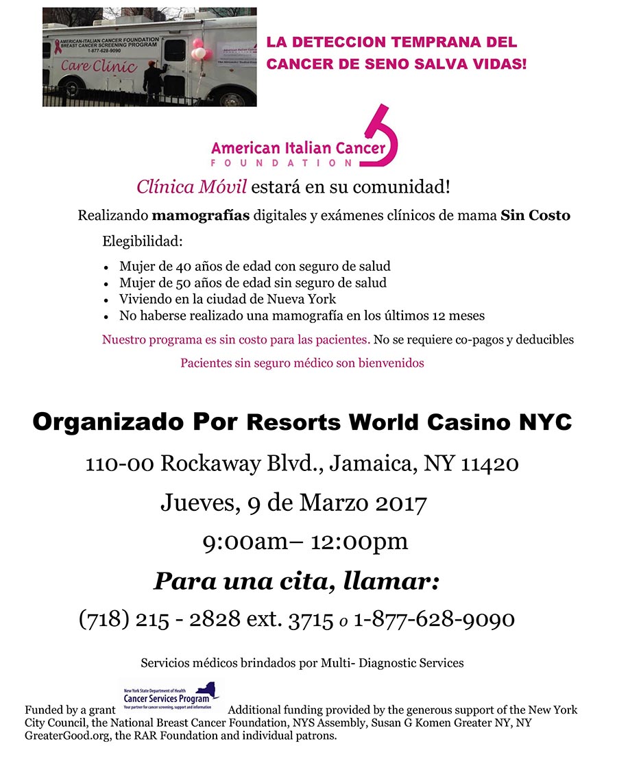Cancer seno Resorts World Casino NYC
