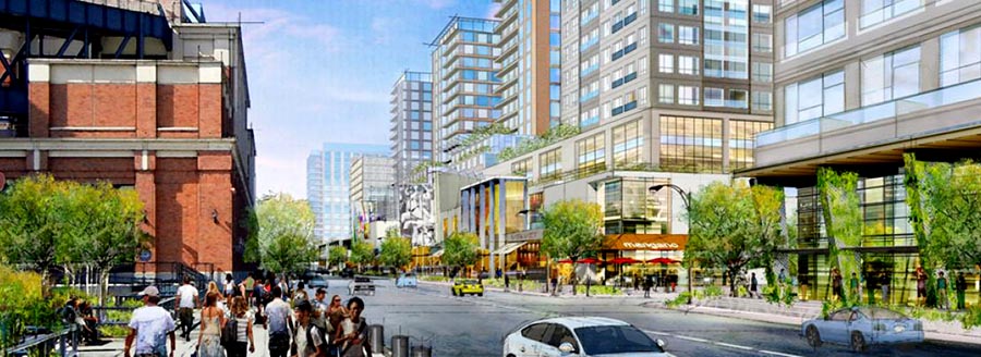 El proyecto de Willets Point en gráfica con el estadio CitiField a la izquierda.